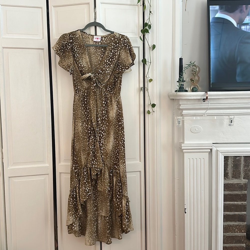 Buddy Love fawn print high low midi dress with a low v-cut in the front